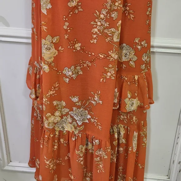 Urban Outfitters Orange/Yellow MultiColor Floral Strappy Ruffle Maxi Dress,Large - Picture 9 of 16